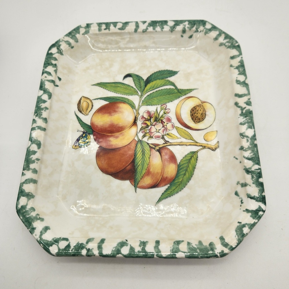 Ceramica Due Torri Italy Peach Botanical Rectangular Ceramic Serving Tray Green